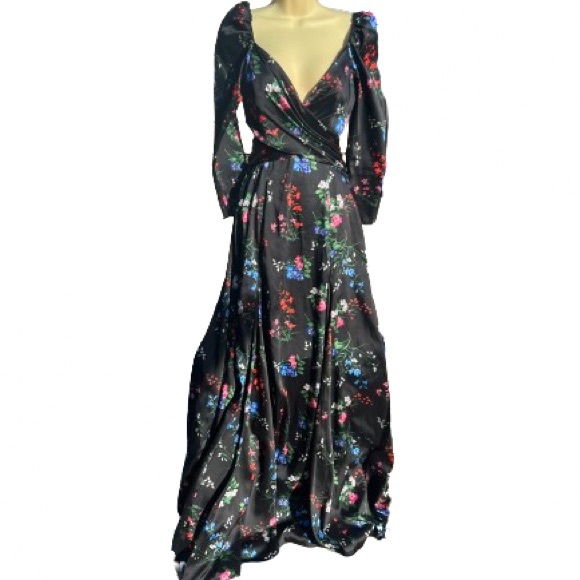 Carolina Herrera Floral-Print Crossover Cutout Puff-Sleeve Gown SZ 2 NWT - Picture 6 of 9